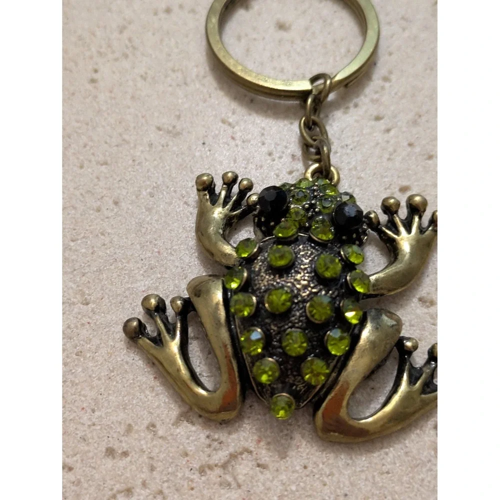 Frog Rhinestone Handbag Charm Keychain Chunky Statement Green & Gold Tone